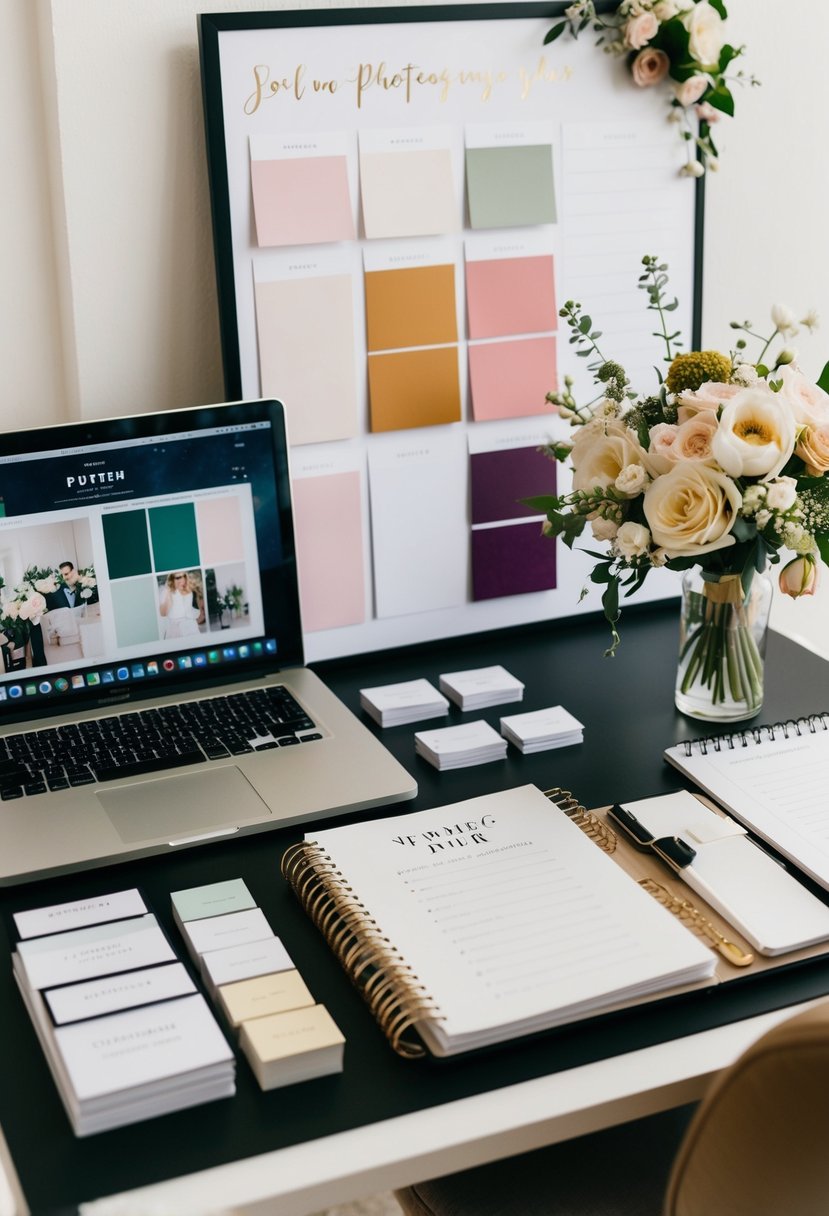 A desk with a laptop, planner, and wedding magazines. A mood board with color swatches and floral arrangements. A stack of business cards and a notebook filled with tips and advice