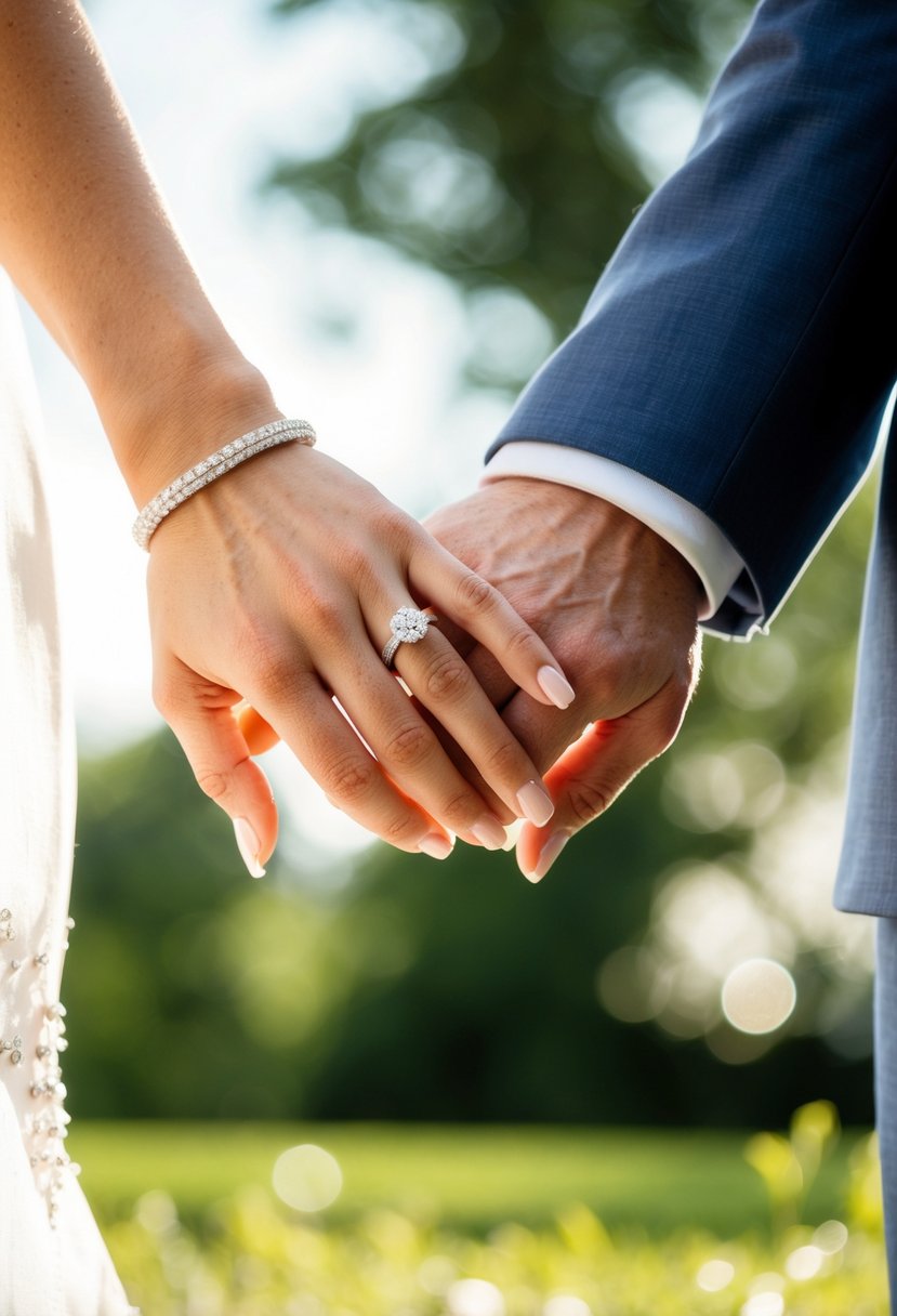 A bride and groom's hands entwined, showcasing their wedding bands. The bands glisten in the sunlight, symbolizing their eternal love and commitment