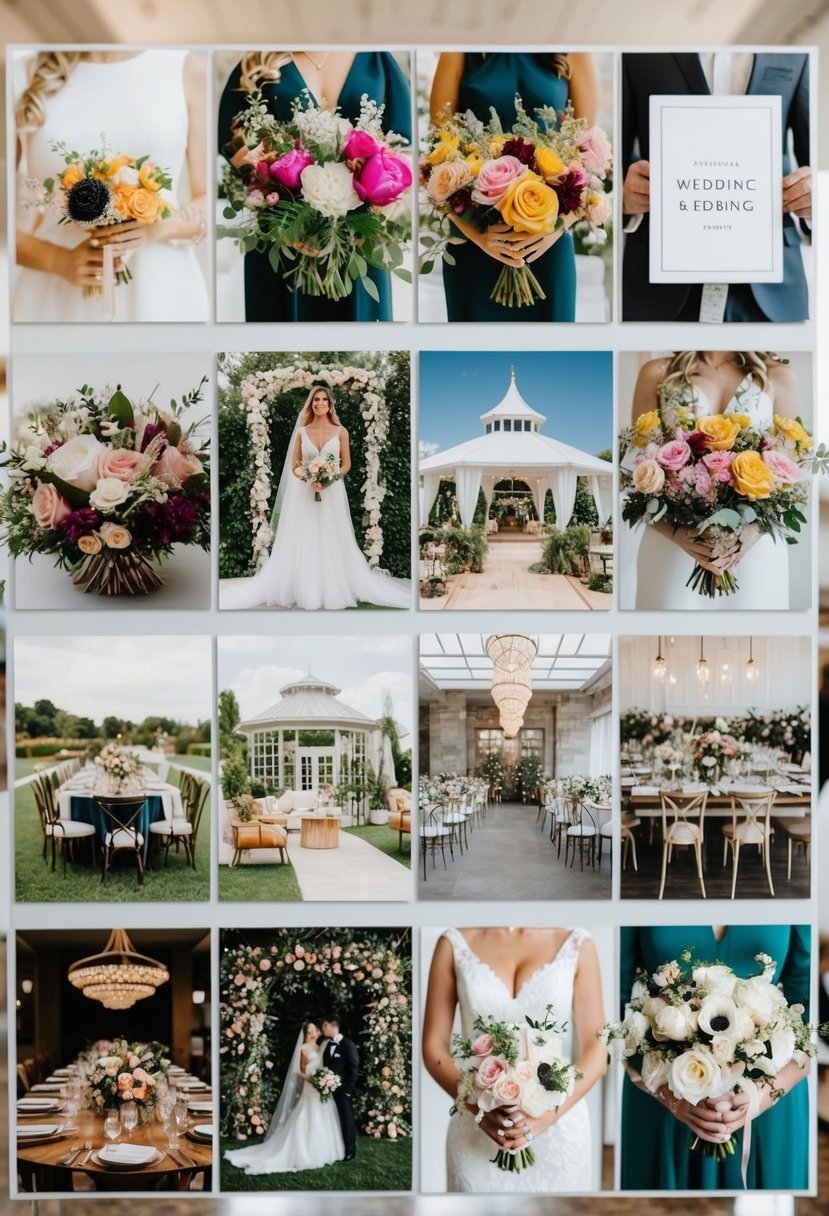 A vibrant mood board displays modern wedding trends and styles, with images of elegant venues, floral arrangements, and chic decor