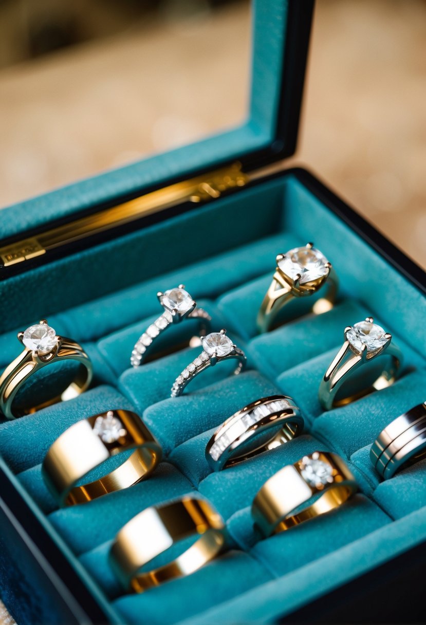 An engagement ring and various wedding bands laid out on a velvet-lined display case