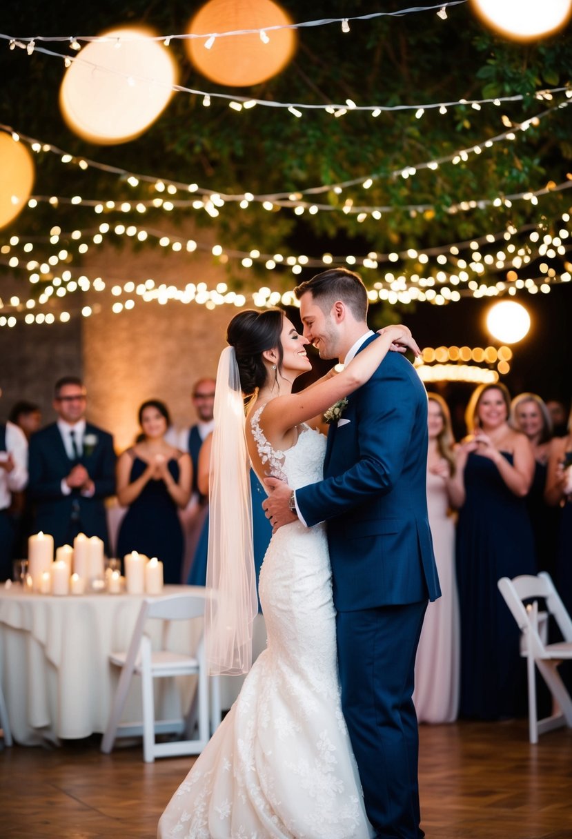 A bride and groom share their first dance, surrounded by twinkling lights and the soft glow of candles