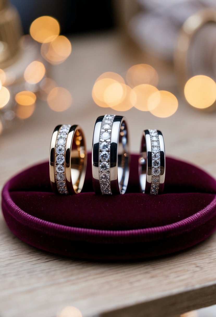 A handcrafted wedding band rests on a velvet cushion, showcasing varying ring widths and designs for optimal finger comfort