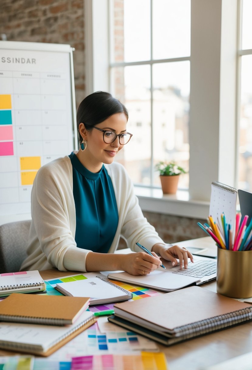 A person at a desk, surrounded by calendars, notebooks, and colorful swatches, brainstorming and organizing event details