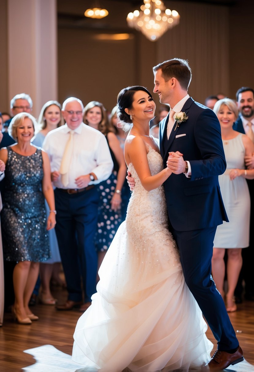 A couple sways on the dance floor, surrounded by smiling guests. The bride's dress shimmers in the soft light as they move to the rhythm of a romantic song