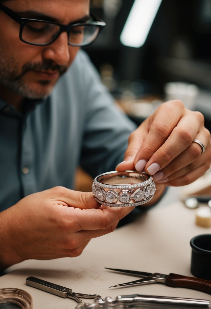 A jeweler crafting a unique wedding band with intricate details and personalized touches