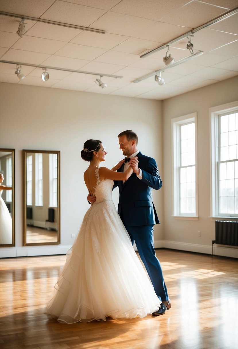 A couple practices their first dance in a spacious, sunlit studio with a polished wood floor and mirrors on the walls