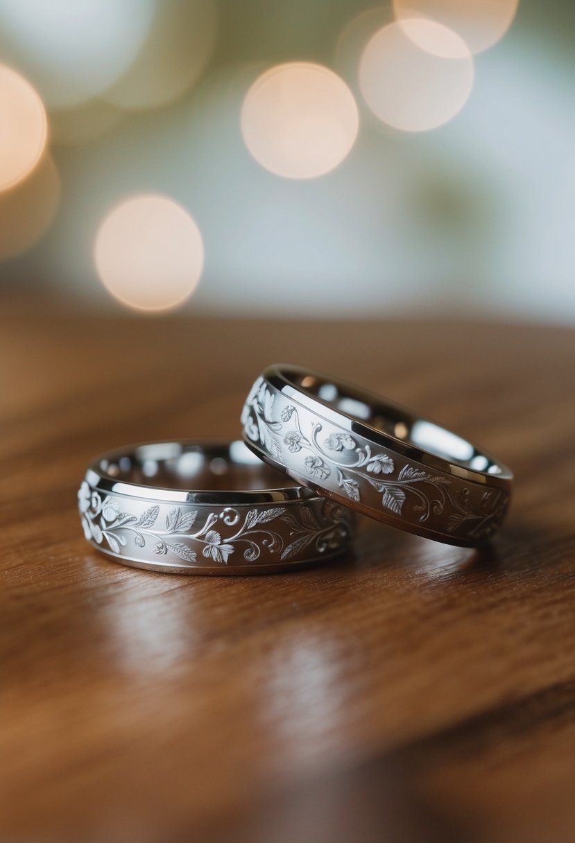 A pair of elegant wedding bands resting on a wooden table, with intricate engraving designs of intertwining vines and delicate floral patterns