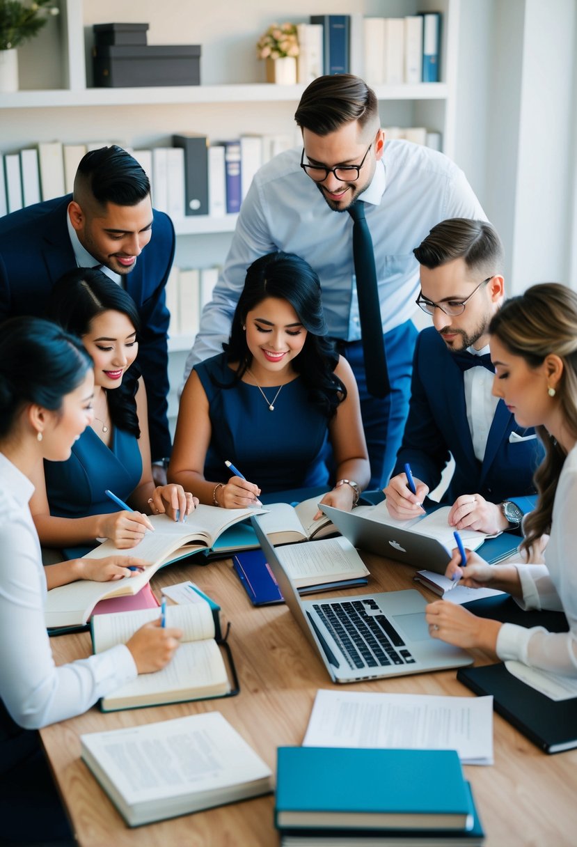 A group of wedding planners studying together, surrounded by books and laptops, taking notes and discussing certification programs and tips for becoming successful in the industry