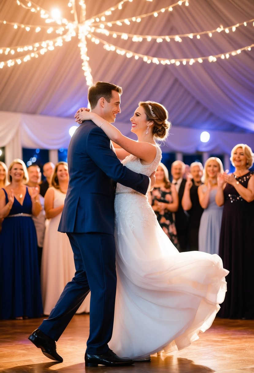 A couple gracefully glides across the dance floor, surrounded by twinkling lights and joyful onlookers