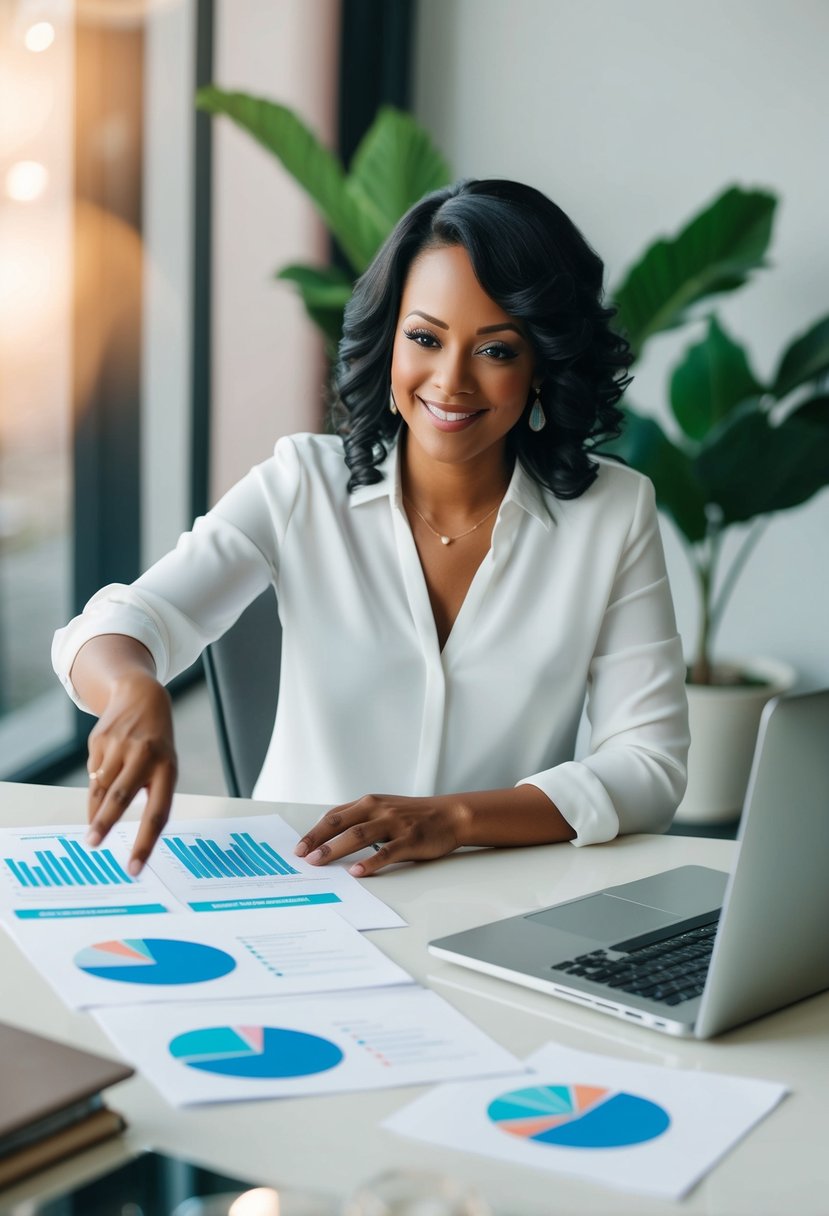 A wedding planner brainstorming with charts, diagrams, and a laptop