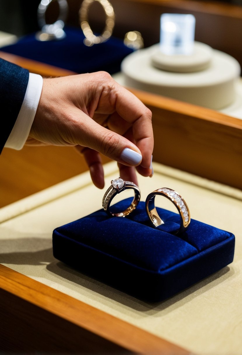 A hand reaches for two wedding bands displayed on a velvet cushion in a jewelry store