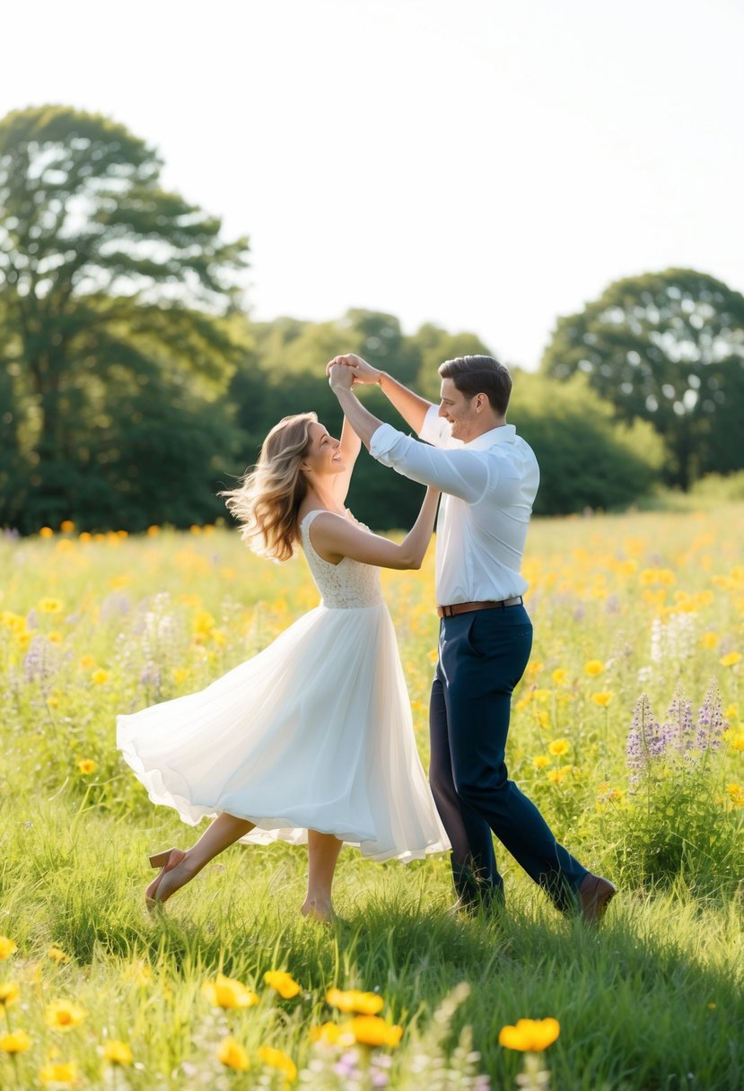 A couple dances on a sunlit, grassy meadow, surrounded by wildflowers and a gentle breeze