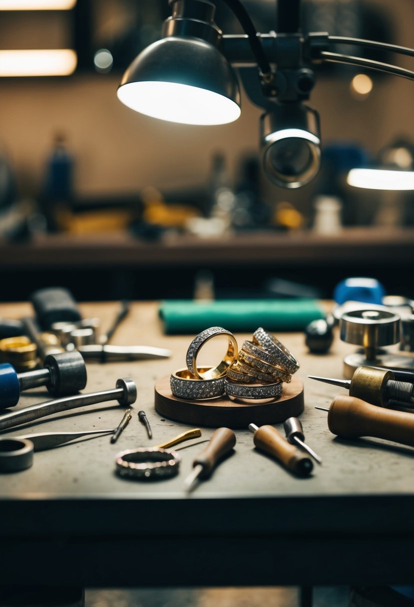 A jeweler's workbench with various tools and a pile of wedding bands in need of repair or maintenance