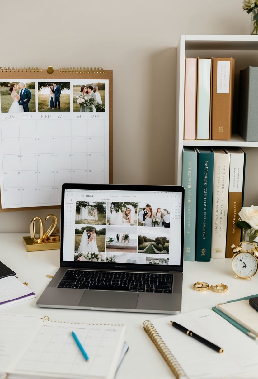 A desk with a laptop, calendar, and notes. A mood board with wedding images, and a shelf of planning books