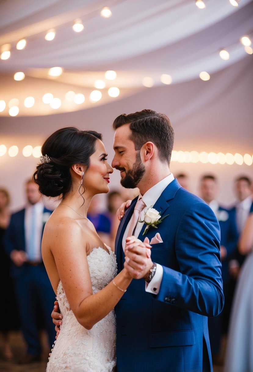 A couple gazes into each other's eyes, standing close during their first dance at a wedding