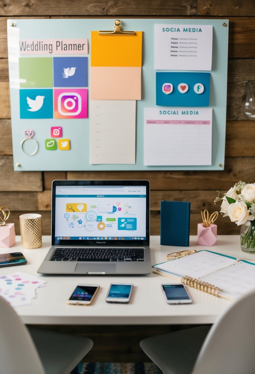 A wedding planner's desk with a laptop, planner, and colorful mood board, surrounded by social media icons and engagement ring sketches