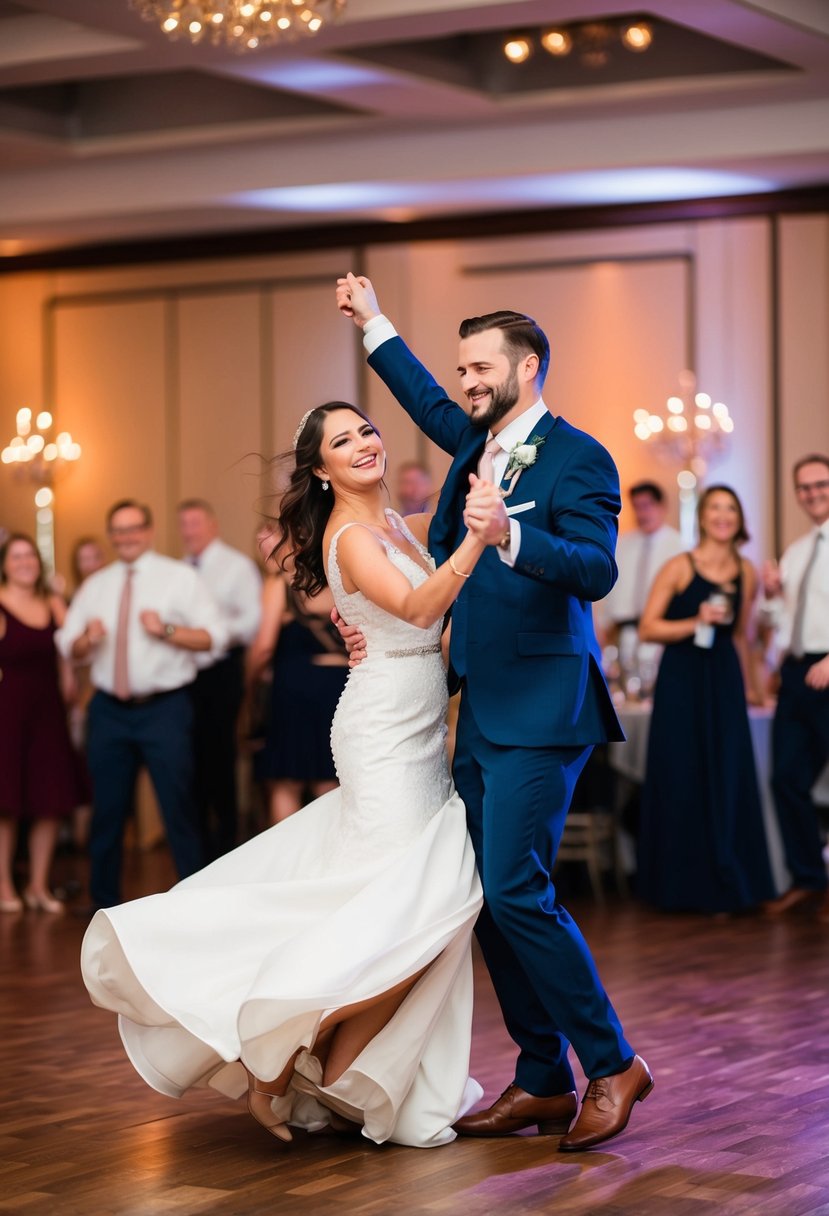 A couple twirls on the dance floor, beaming with joy