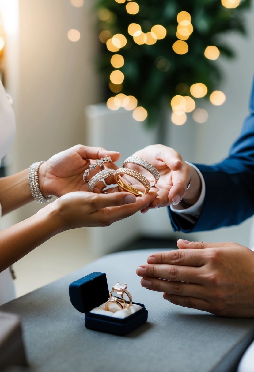 A jeweler presenting a selection of wedding bands to a couple, showcasing different designs and materials