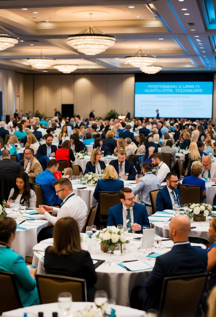 A bustling conference hall filled with wedding planners networking and attending workshops on industry tips and techniques