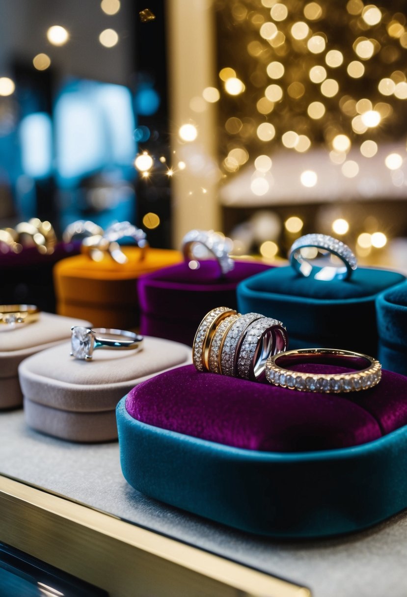 A colorful array of wedding bands displayed on a velvet cushion, catching the light and sparkling in a jewelry store window