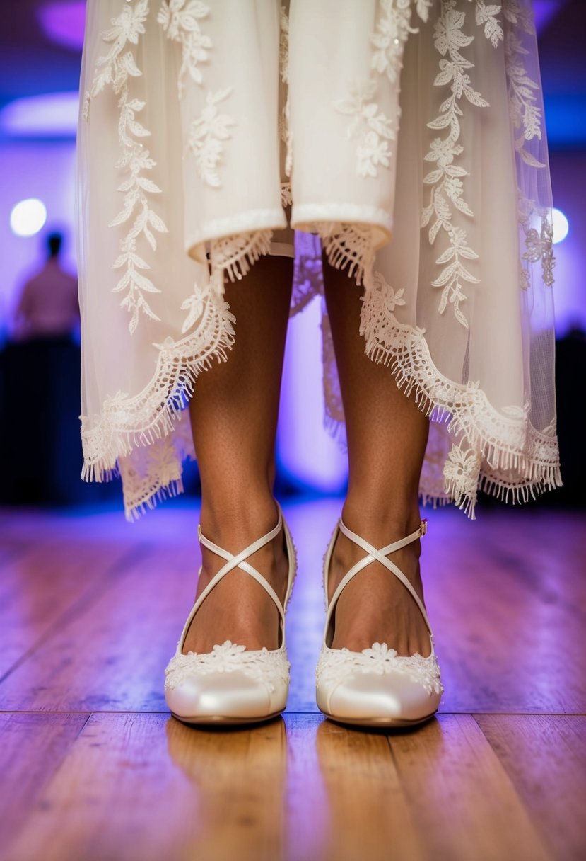 A pair of white wedding shoes with a delicate lace dress draped over them, set against a backdrop of a dance floor