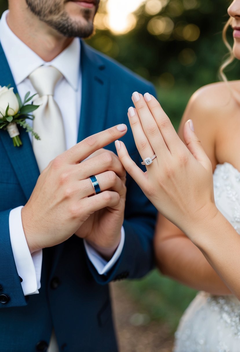 A groom's hand casually holding a slightly mismatched wedding band next to a relaxed bride's hand