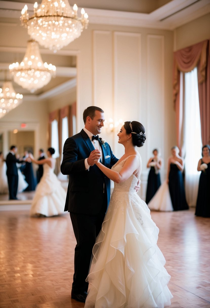 A couple practices their first dance in a spacious, elegant ballroom with a mirrored wall and soft, romantic lighting