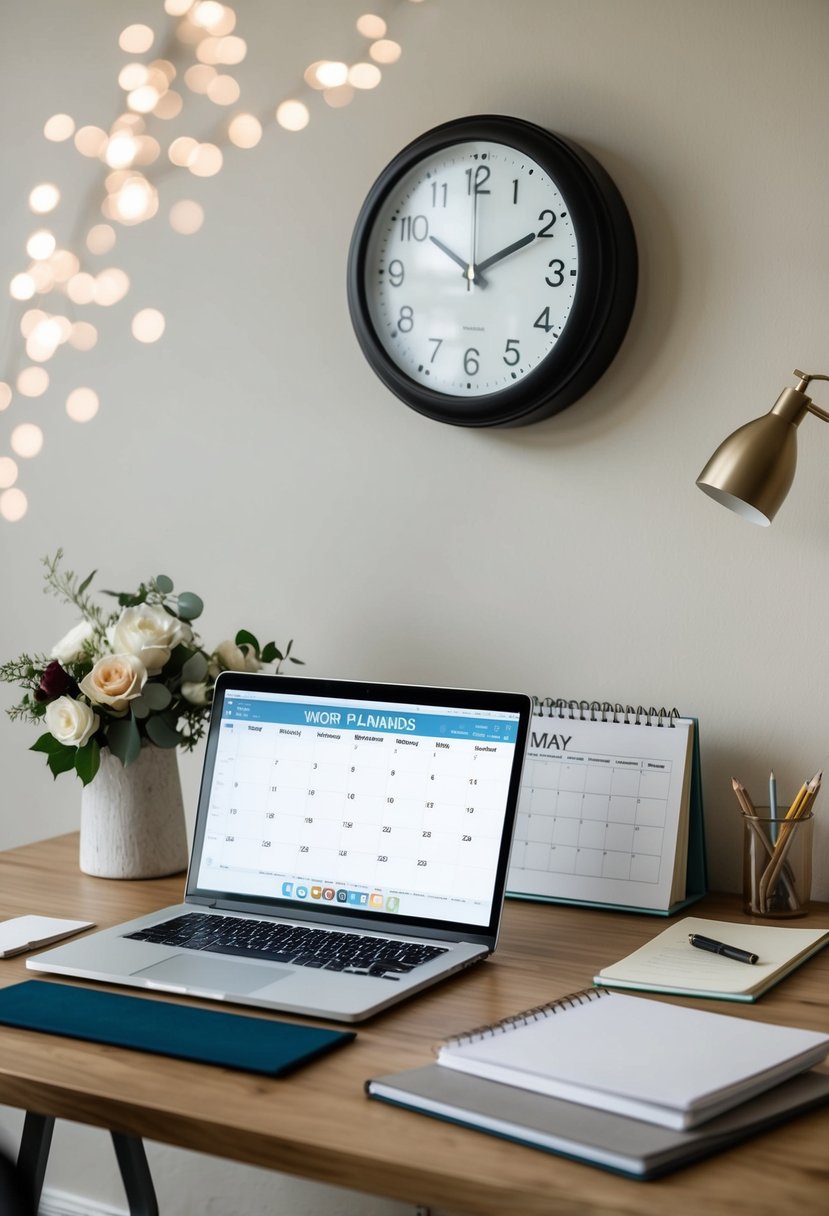 A desk with a laptop, calendar, and wedding planning books. A clock on the wall shows work hours ending and personal time beginning