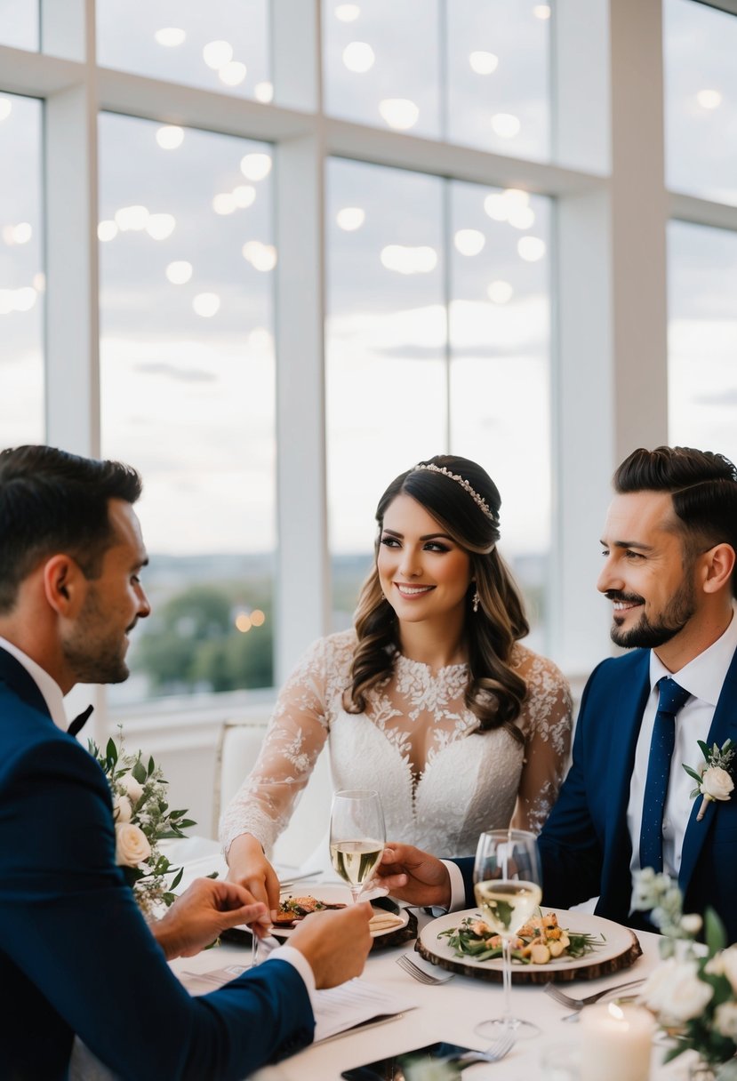 A wedding planner assists a couple with planning details, such as venue selection, catering, and decor, while providing exceptional customer service