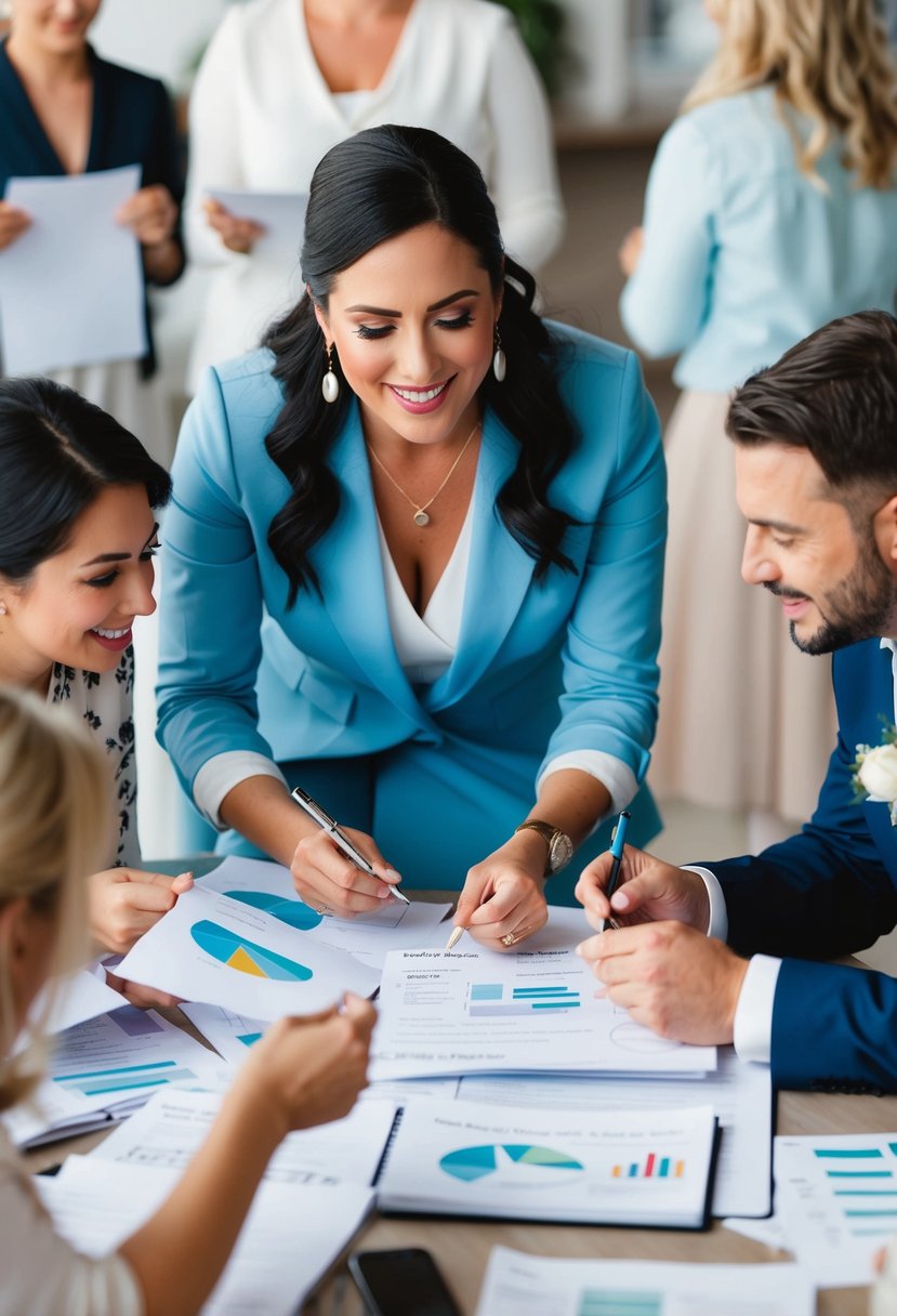 A wedding planner surrounded by various notes and sketches, eagerly seeking feedback and making adjustments to their plans