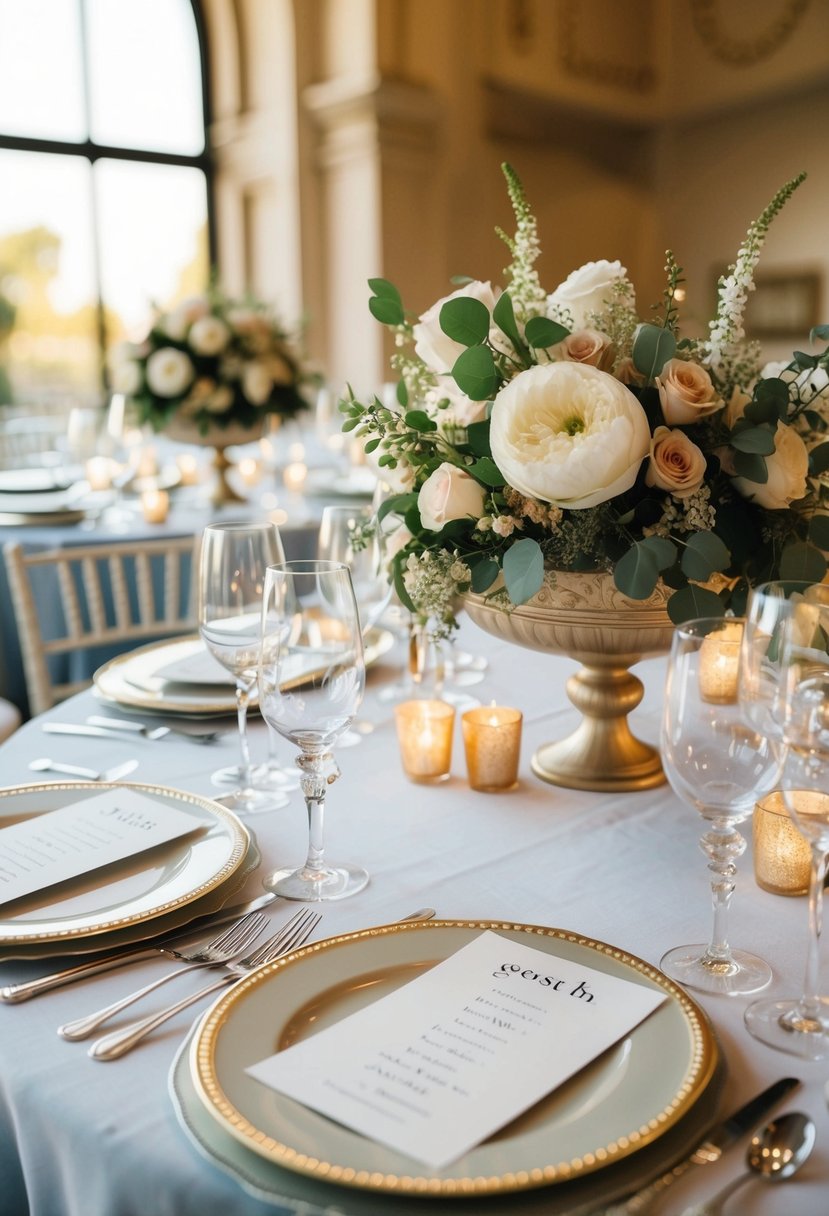 A beautifully decorated table with elegant place settings and a guest list laid out on top