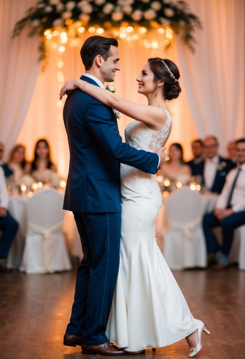 A couple stands in a graceful dance pose, gazing into each other's eyes, surrounded by a romantic wedding setting