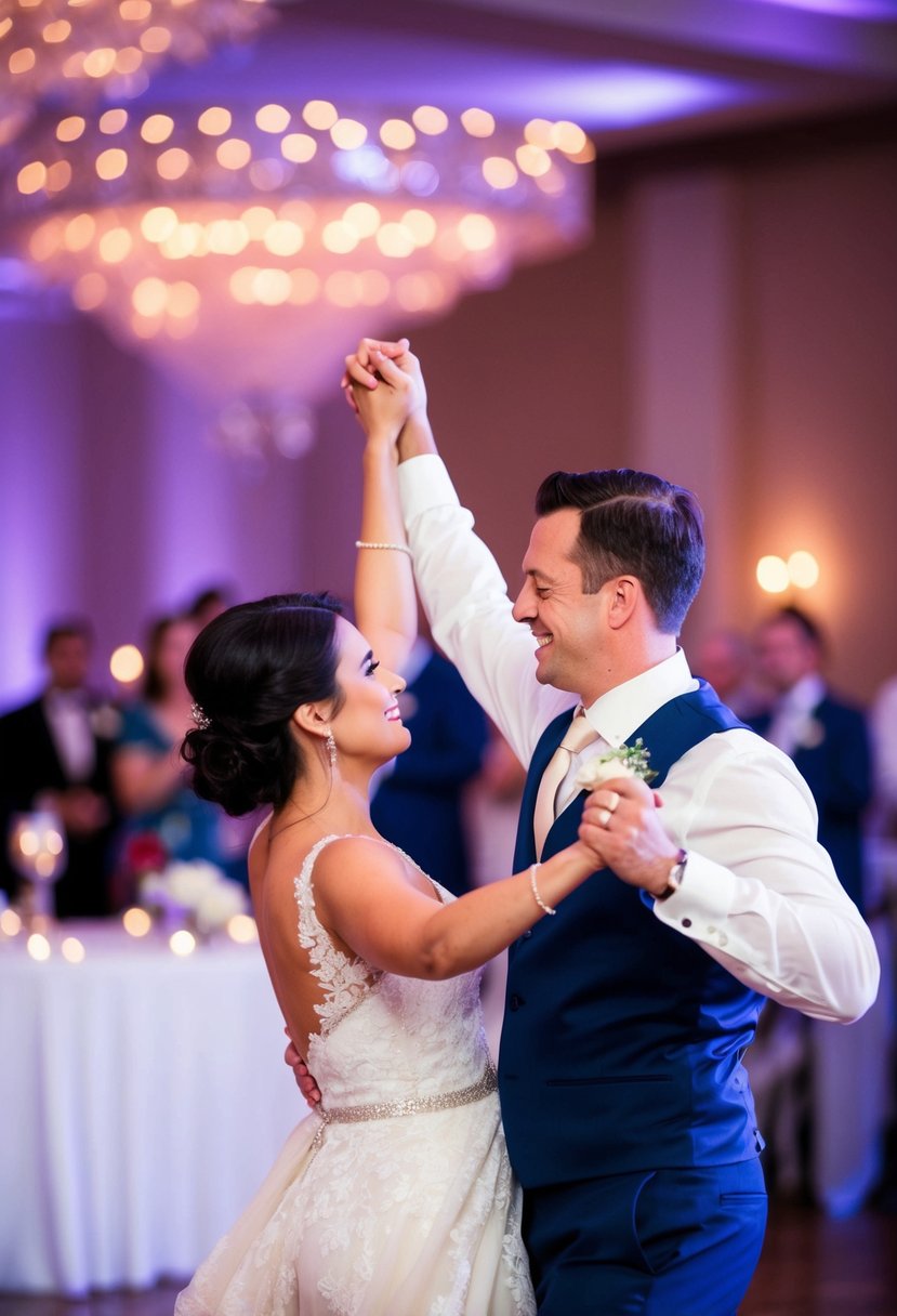 A person confidently leading a dance with a partner at a wedding