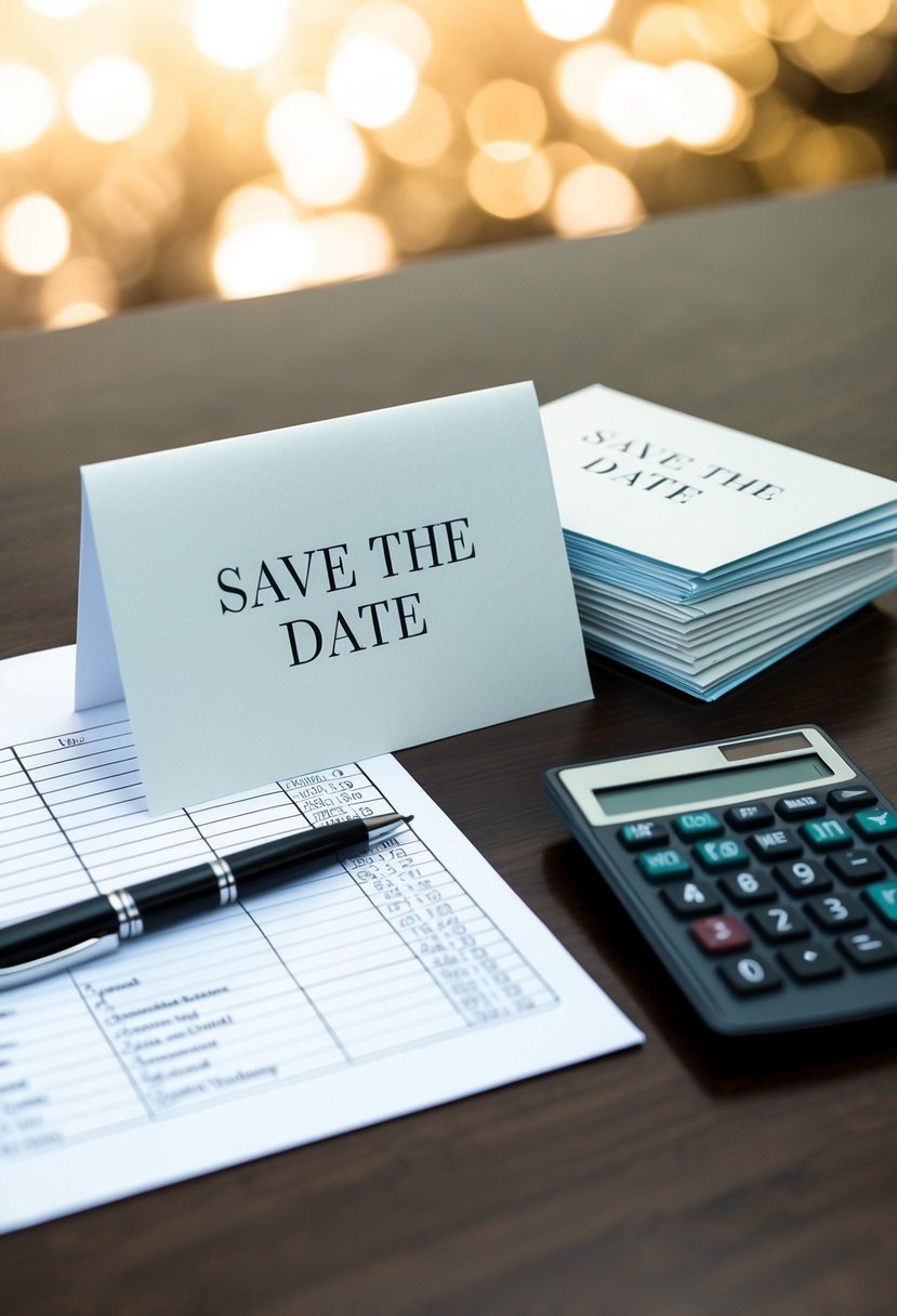 A table with a pen, paper, and calculator. A stack of envelopes labeled "Save the Date" and a spreadsheet with guest names and numbers