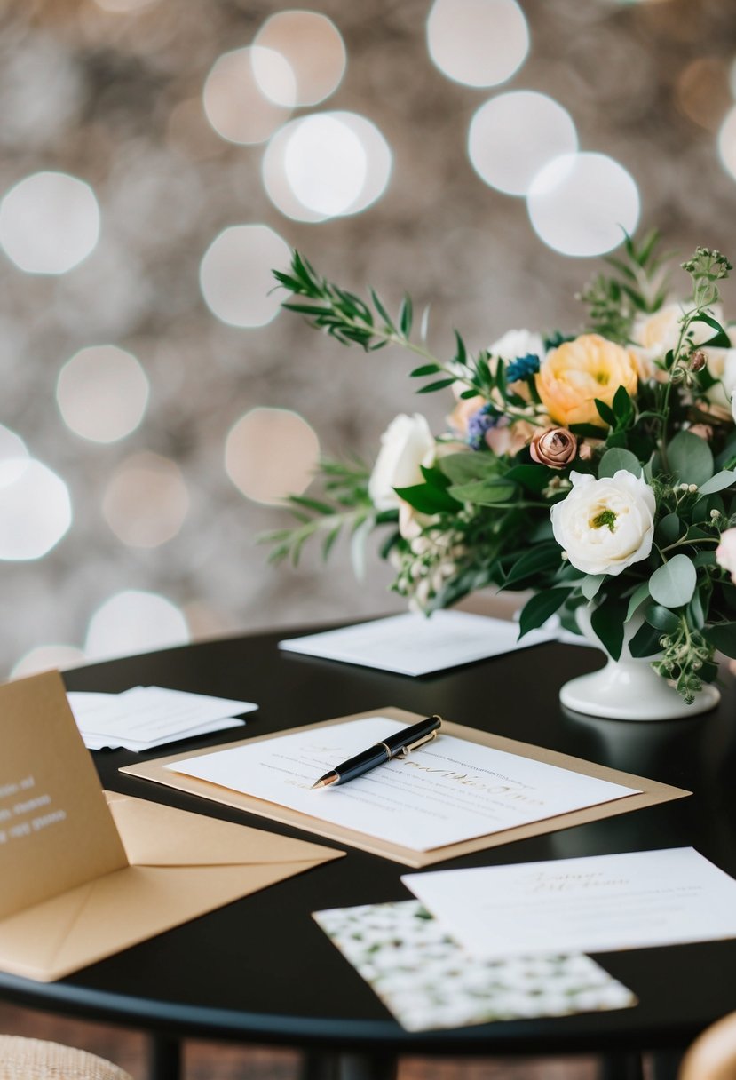 A table with a pen and paper, surrounded by scattered invitation cards and a floral centerpiece