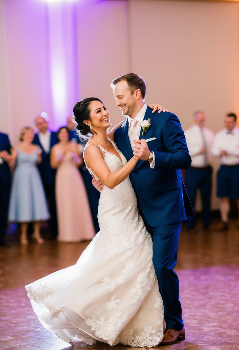 A couple twirls on the dance floor, smiling and laughing as they enjoy their first dance as newlyweds