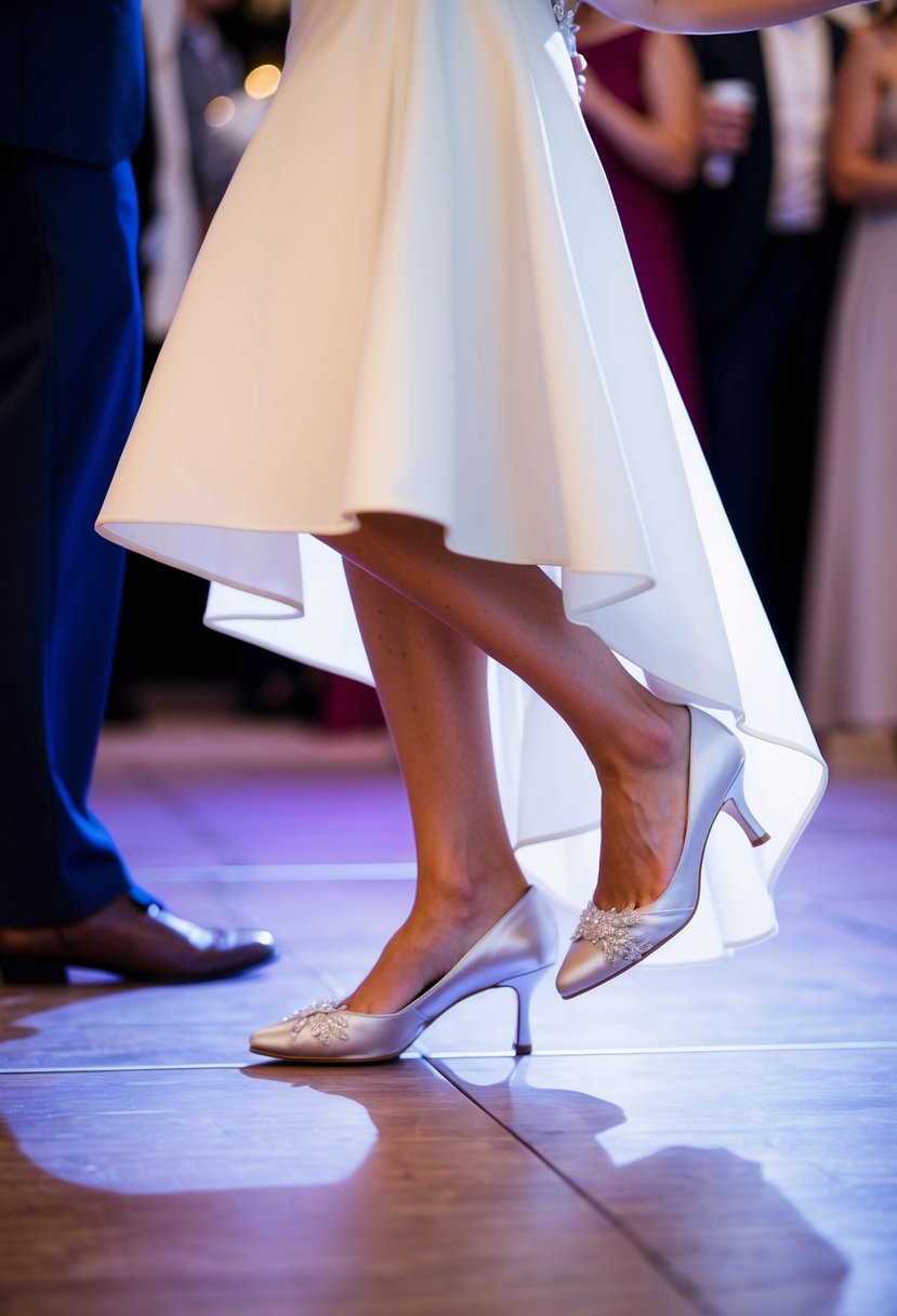 A pair of elegant shoes gracefully navigating a series of small dips in the floor, ensuring a smooth first dance at a wedding