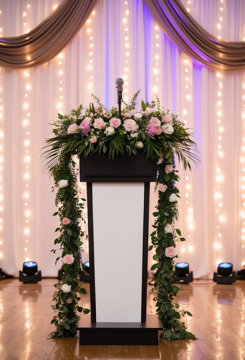 A podium adorned with flowers and a microphone stands in front of a backdrop of twinkling lights and draped fabric