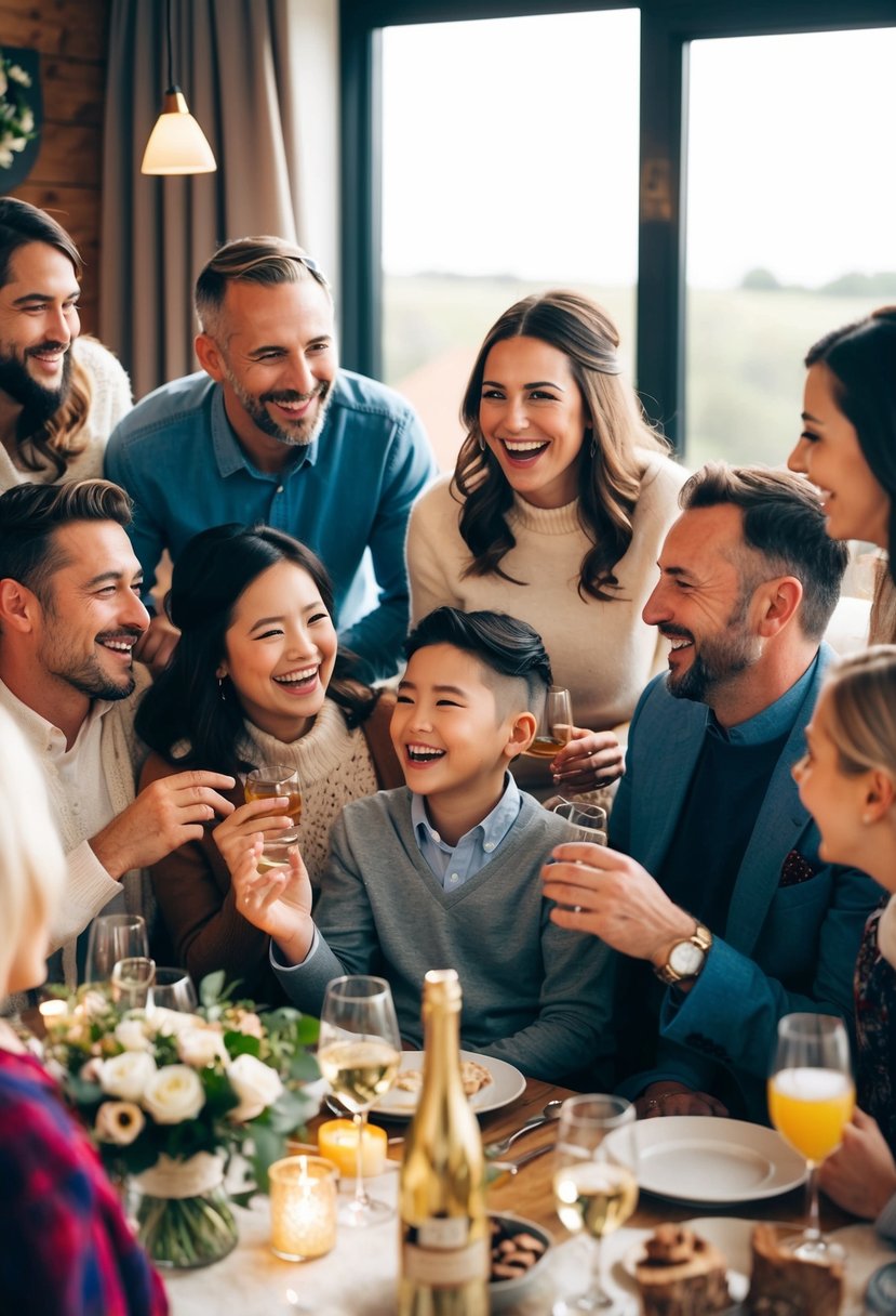 A group of close family and friends gather in a cozy setting, sharing joyful conversations and laughter as they celebrate a wedding