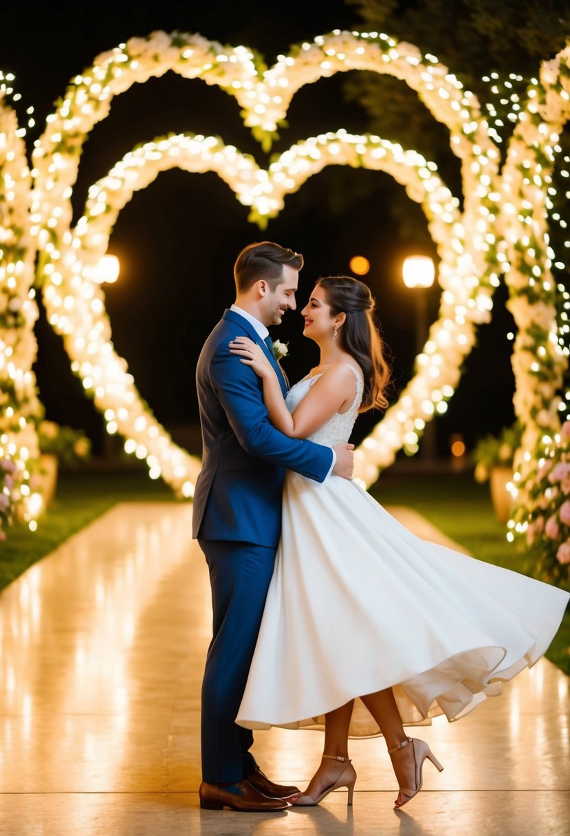 A couple gracefully twirls, their movements telling a love story. Bright flowers and twinkling lights surround them, creating a romantic atmosphere