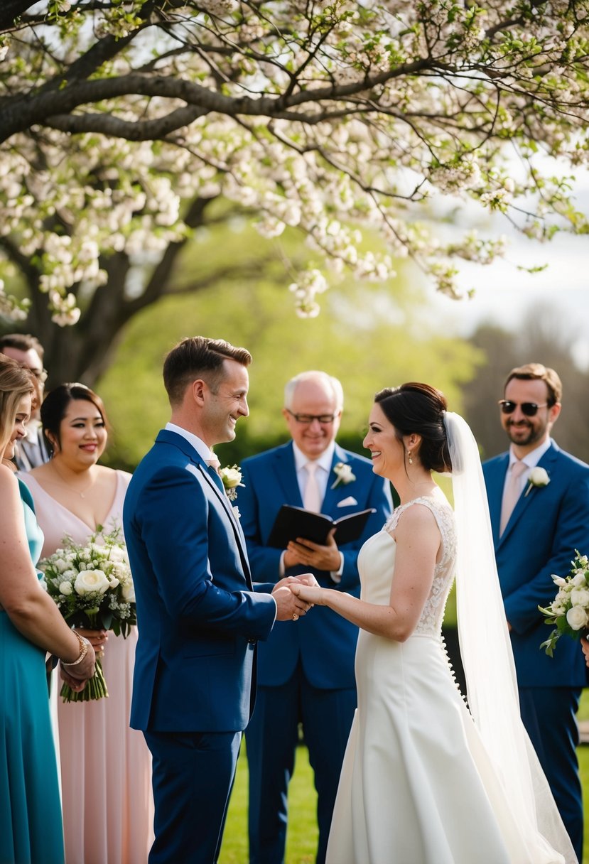 A couple exchanging vows under a blooming tree, surrounded by loved ones, with heartfelt speeches and genuine emotions