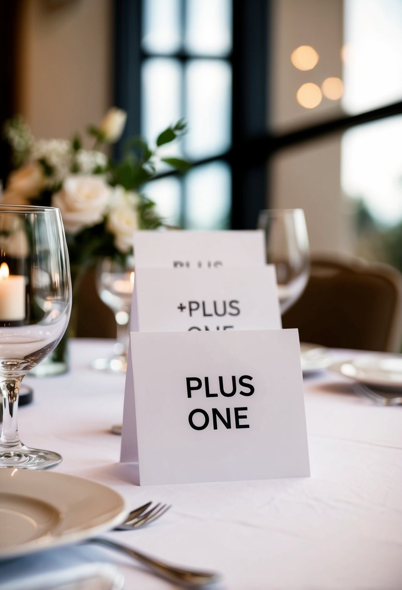 A table with place cards indicating "plus one" options for wedding guests