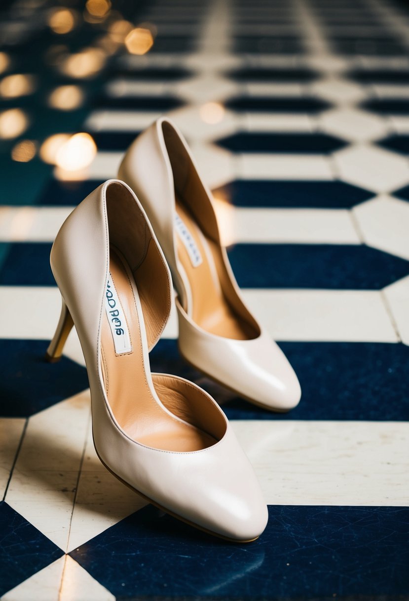 A pair of elegant shoes on a checkered dance floor, one slightly tilting back and forth