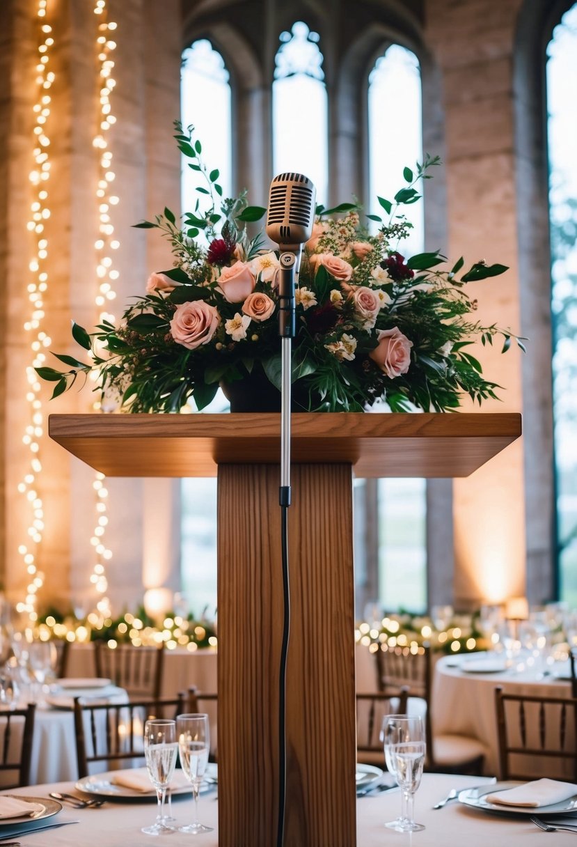 A microphone on a wooden podium with a floral arrangement, surrounded by twinkling fairy lights and elegant table settings