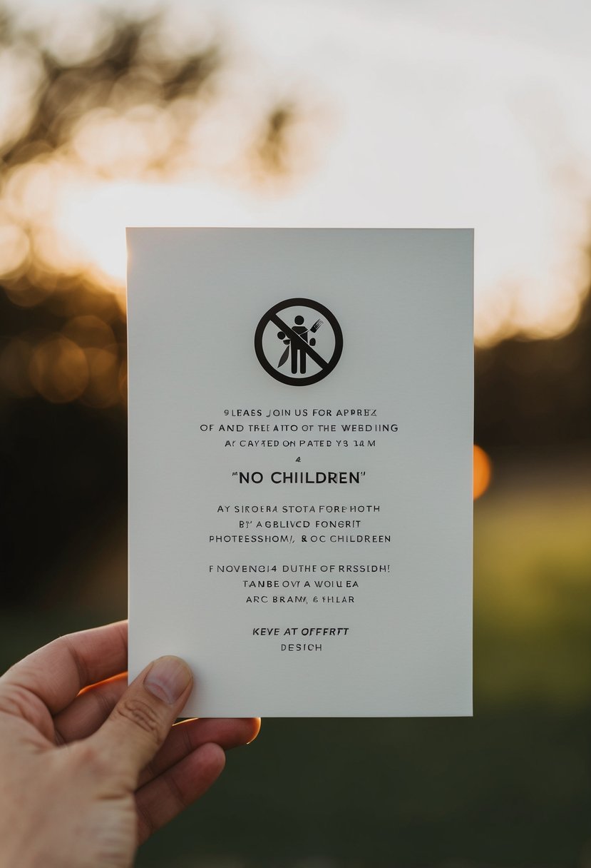 A wedding invitation with a "No Children" symbol