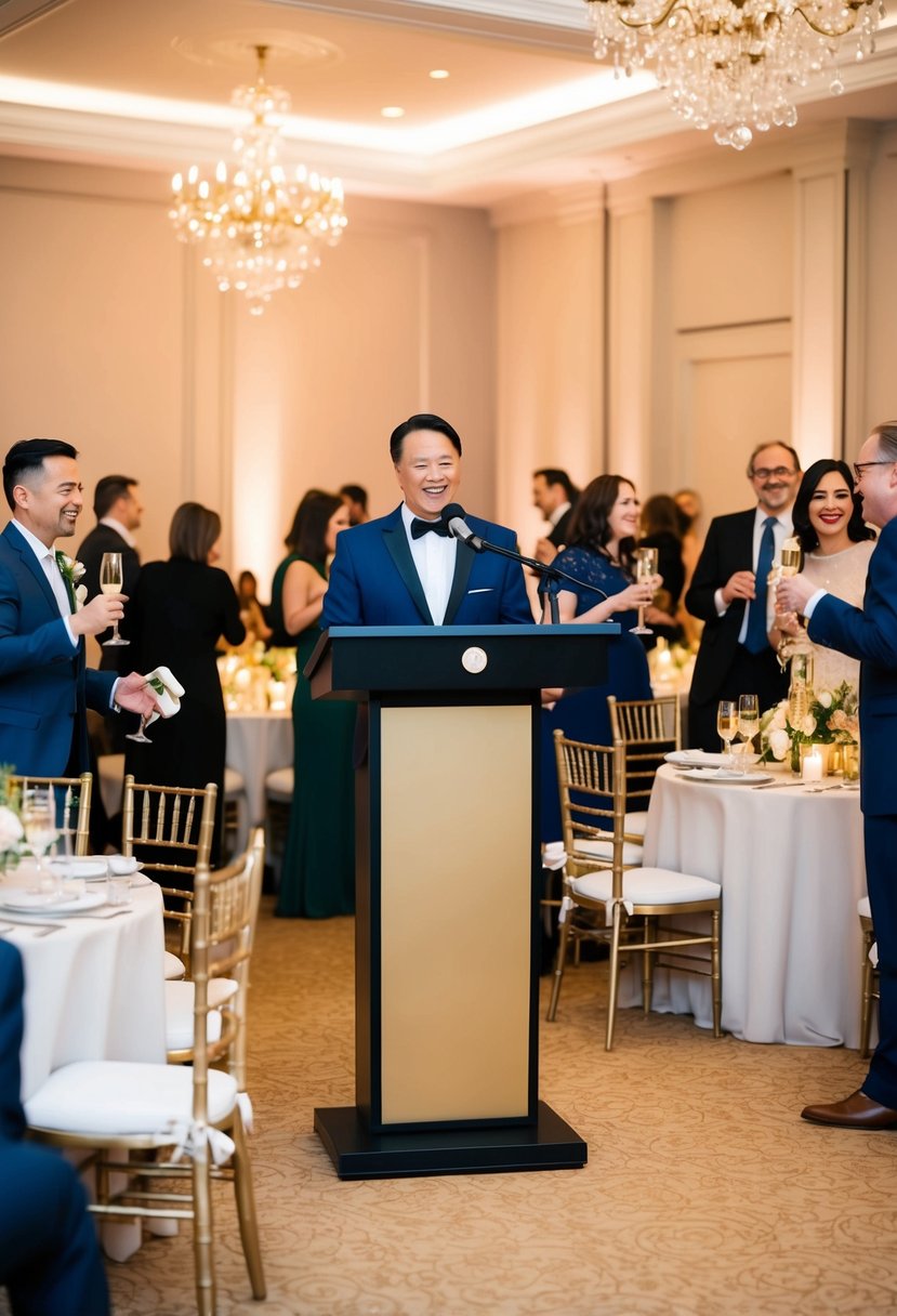 A podium with a microphone stands in the center of a softly lit room. Tables are adorned with elegant centerpieces and guests mingle, sipping champagne and laughing