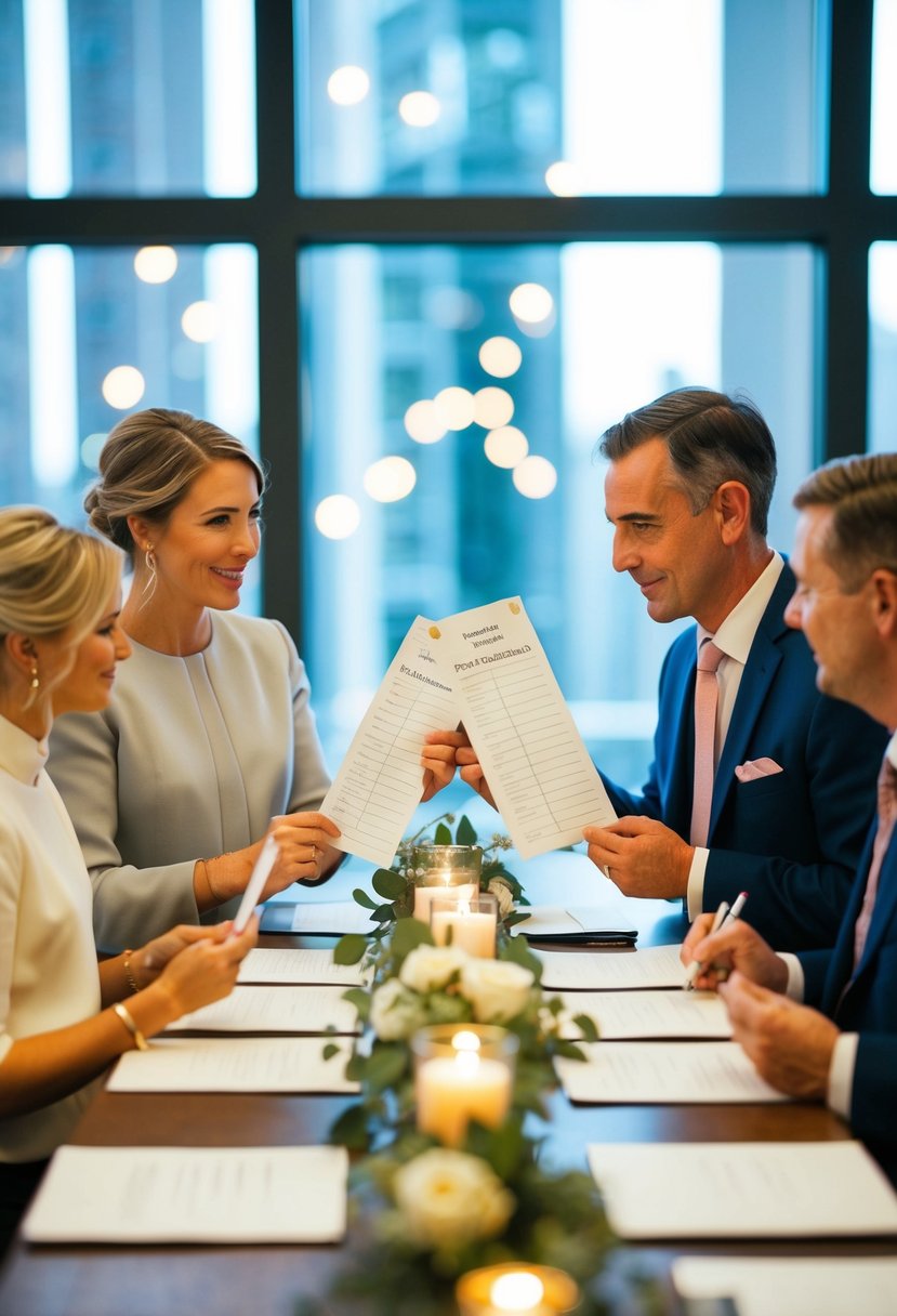 A table with two families on either side, each holding a guest list and discussing their respective allocations