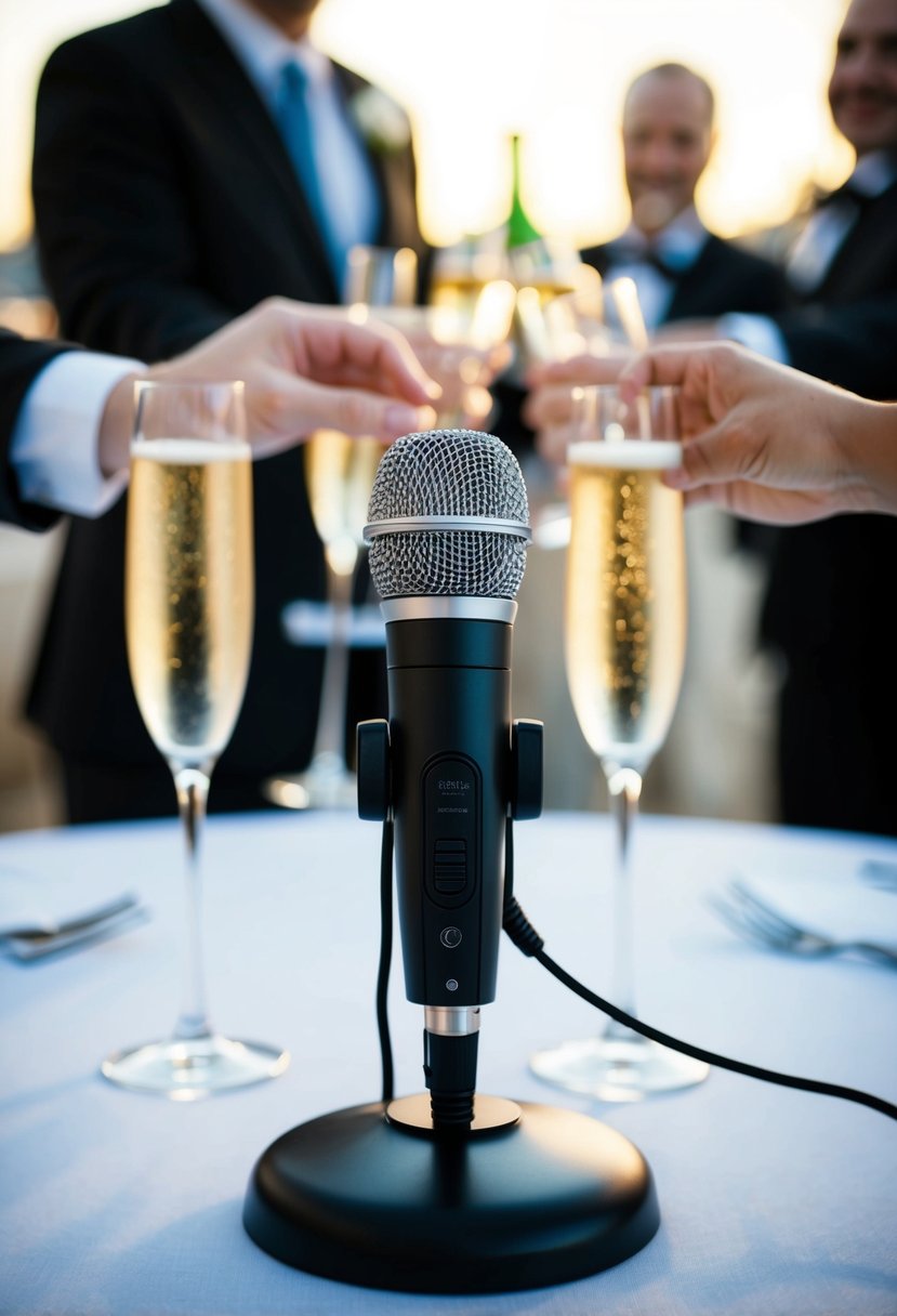 A microphone on a podium with a champagne toast in the background