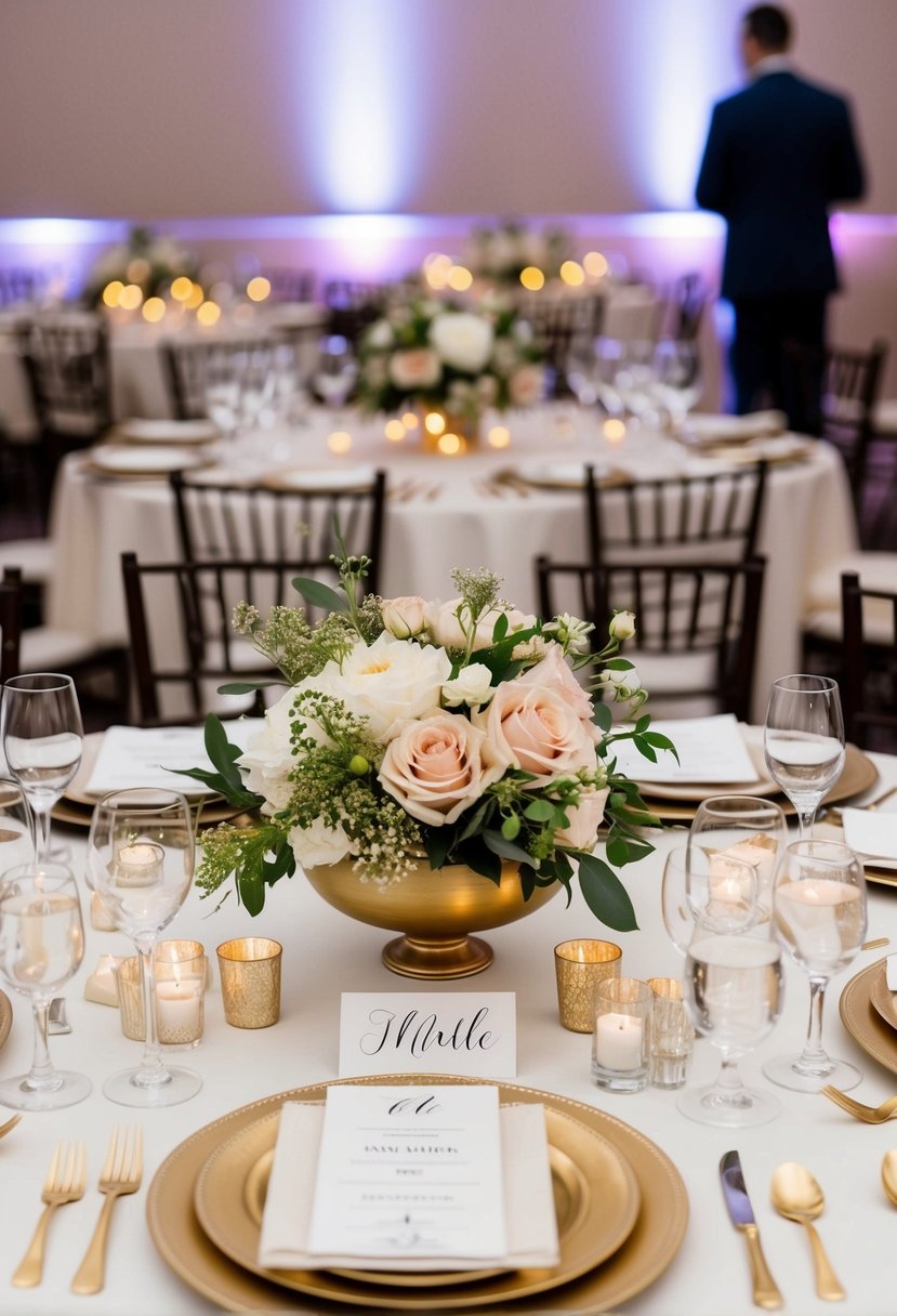 A beautifully decorated table with place settings, floral centerpieces, and elegant name cards for a wedding reception