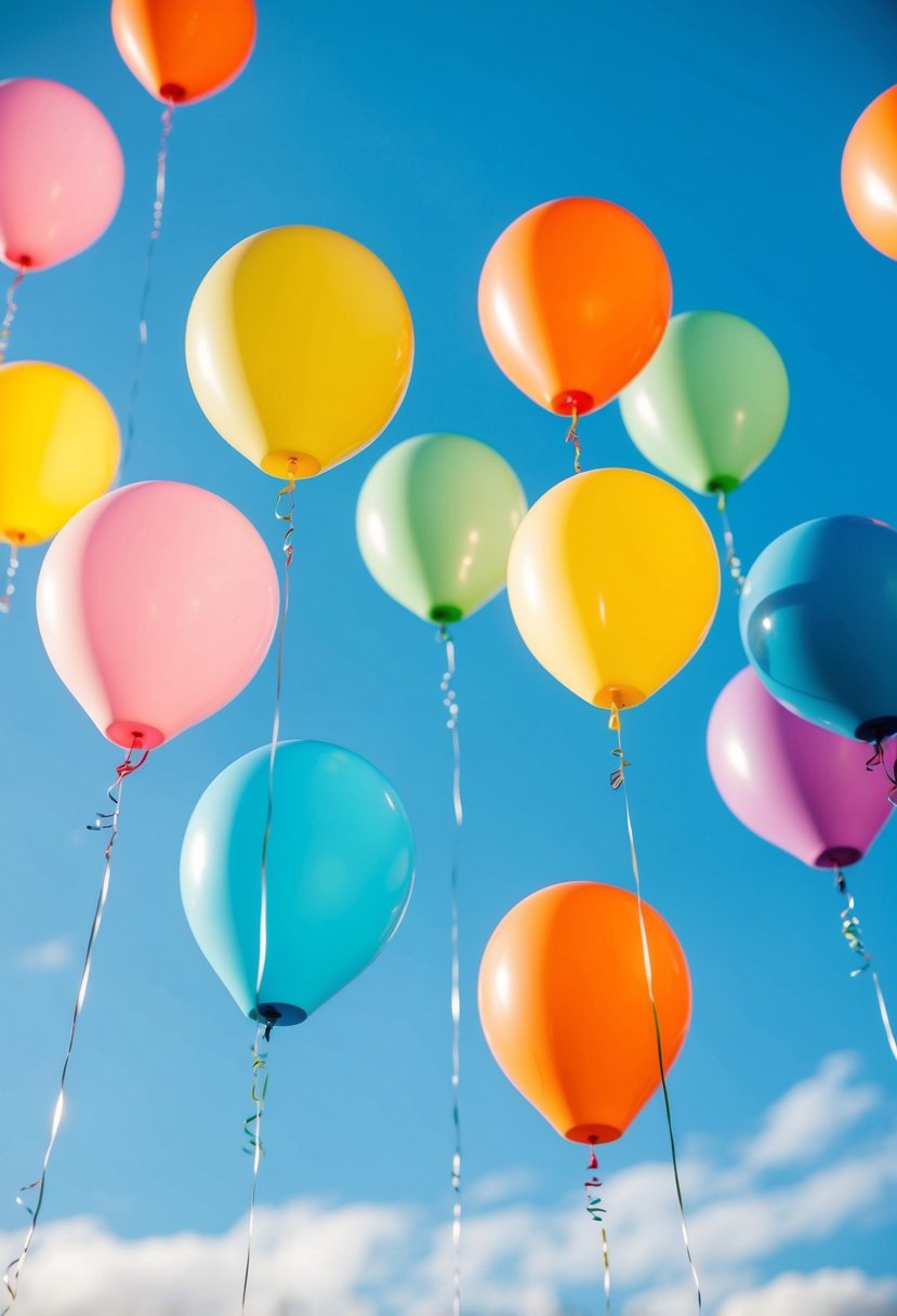 A group of colorful balloons floating in the air, with a bright blue sky in the background